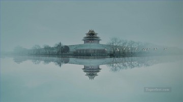 Historia china del Palacio Yanxi con paisaje de pájaros grullas blancas Pinturas al óleo